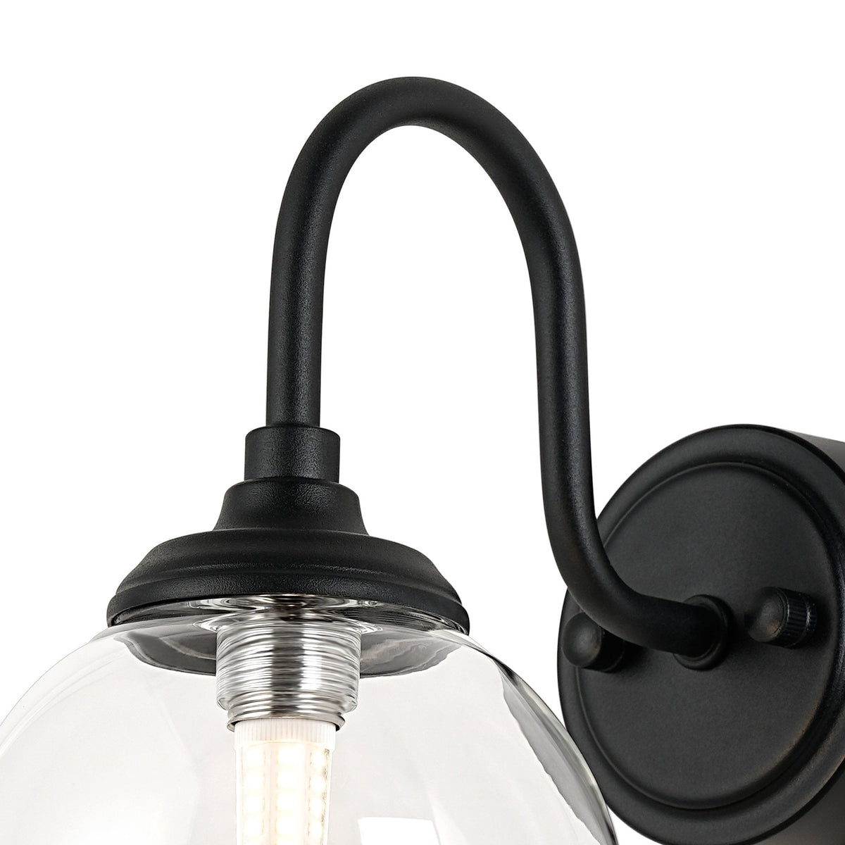 Loughton IP44 Curved Arm Wall Light in Satin Black with Smooth Round Glass Clear Diffuser