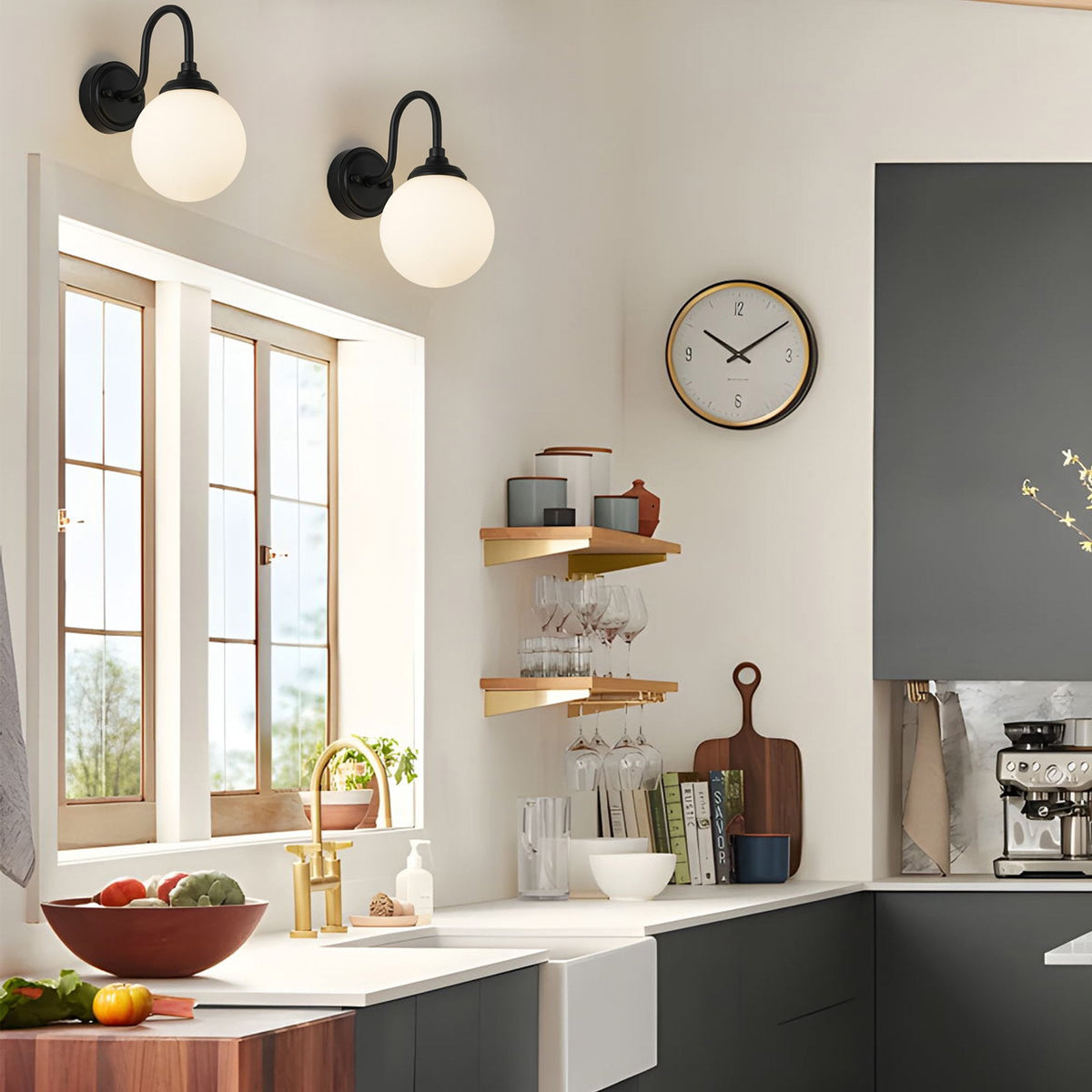 Loughton IP44 Curved Arm Wall Light in Satin Black with Smooth Round Glass Opal Diffuser