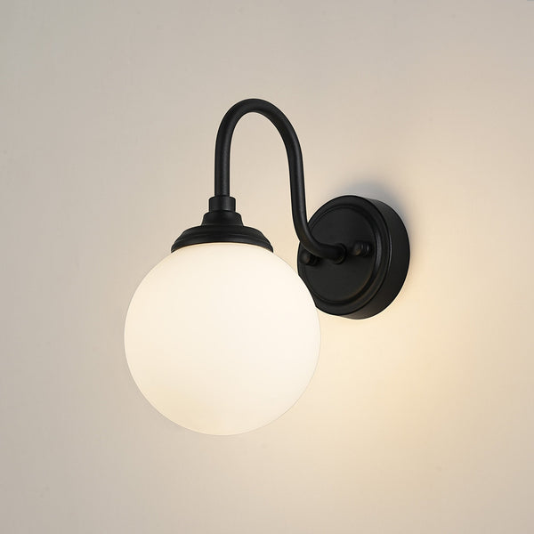 Loughton IP44 Curved Arm Wall Light in Satin Black with Smooth Round Glass Opal Diffuser