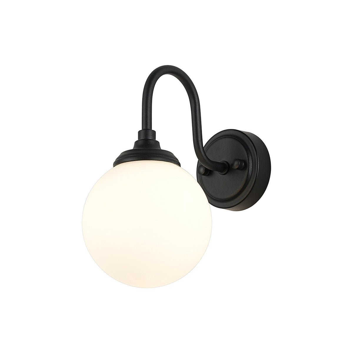 Loughton IP44 Curved Arm Wall Light in Satin Black with Smooth Round Glass Opal Diffuser