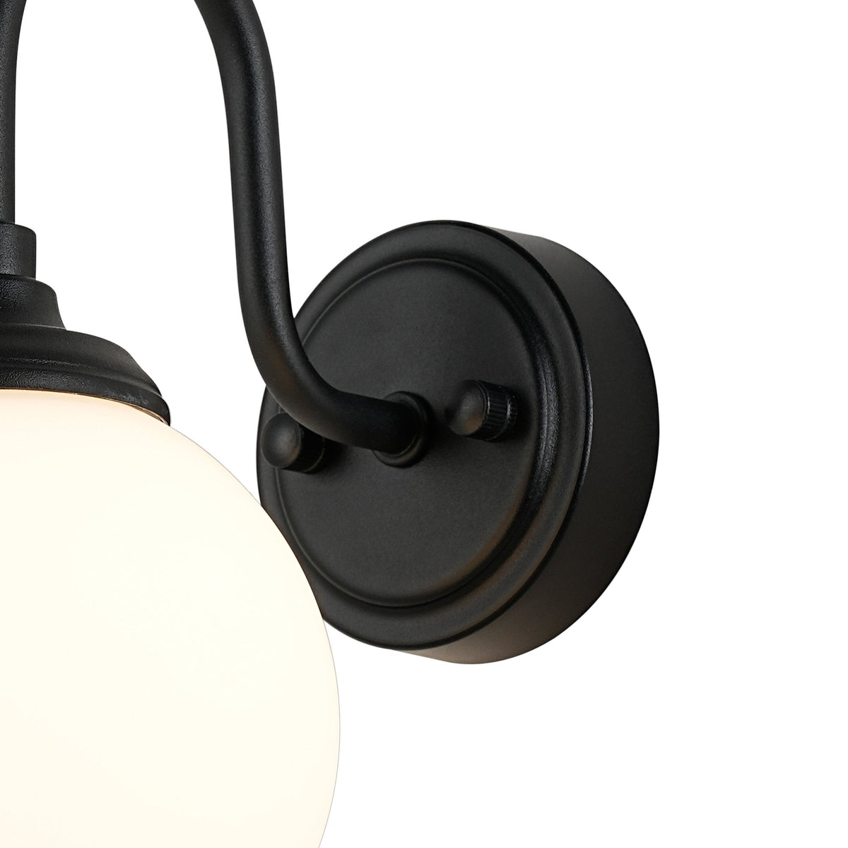 Loughton IP44 Curved Arm Wall Light in Satin Black with Smooth Round Glass Opal Diffuser