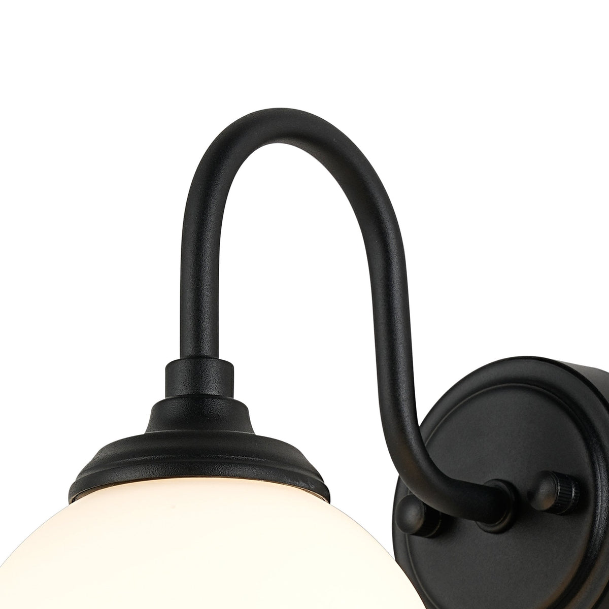 Loughton IP44 Curved Arm Wall Light in Satin Black with Smooth Round Glass Opal Diffuser