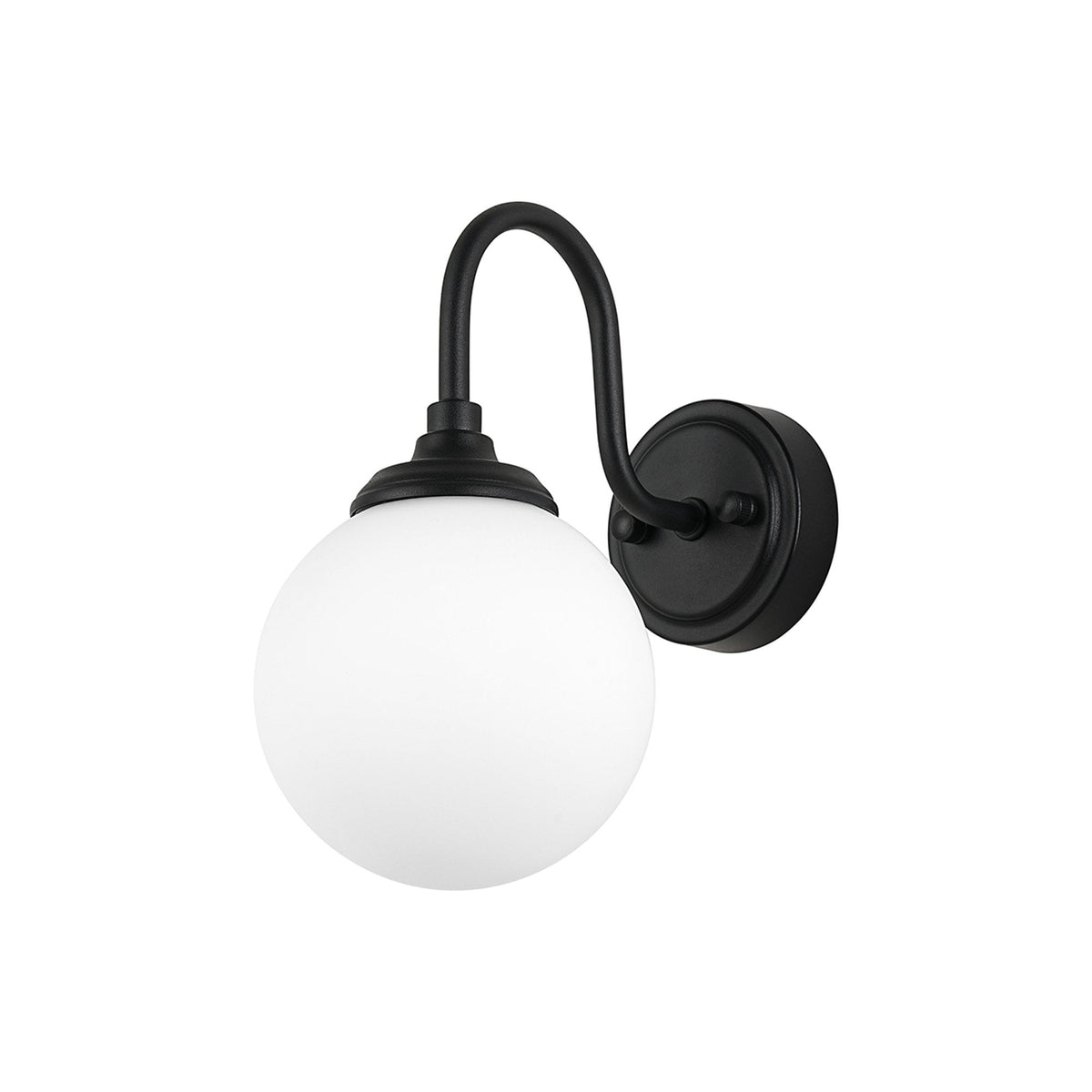 Loughton IP44 Curved Arm Wall Light in Satin Black with Smooth Round Glass Opal Diffuser