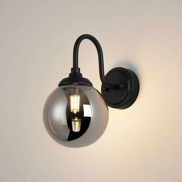 Loughton IP44 Curved Arm Wall Light in Satin Black with Smooth Round Glass Smoked Diffuser