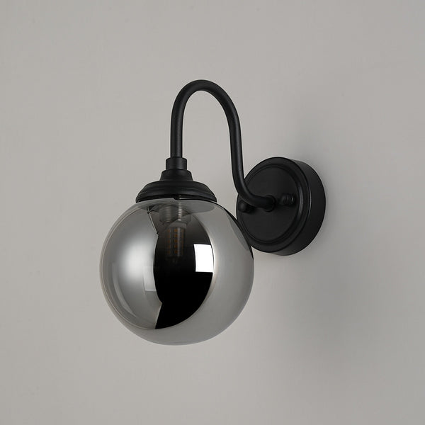 Loughton IP44 Curved Arm Wall Light in Satin Black with Smooth Round Glass Smoked Diffuser