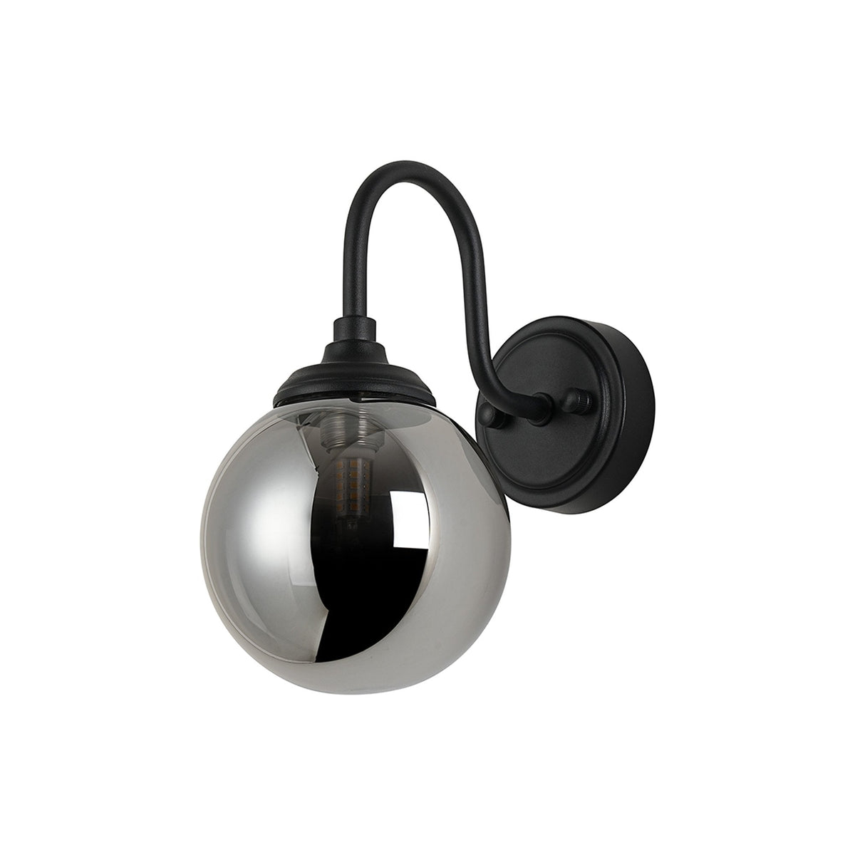 Loughton IP44 Curved Arm Wall Light in Satin Black with Smooth Round Glass Smoked Diffuser