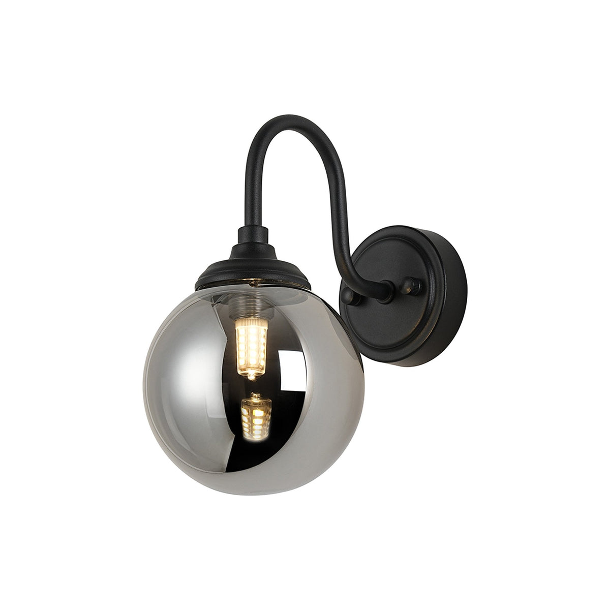 Loughton IP44 Curved Arm Wall Light in Satin Black with Smooth Round Glass Smoked Diffuser