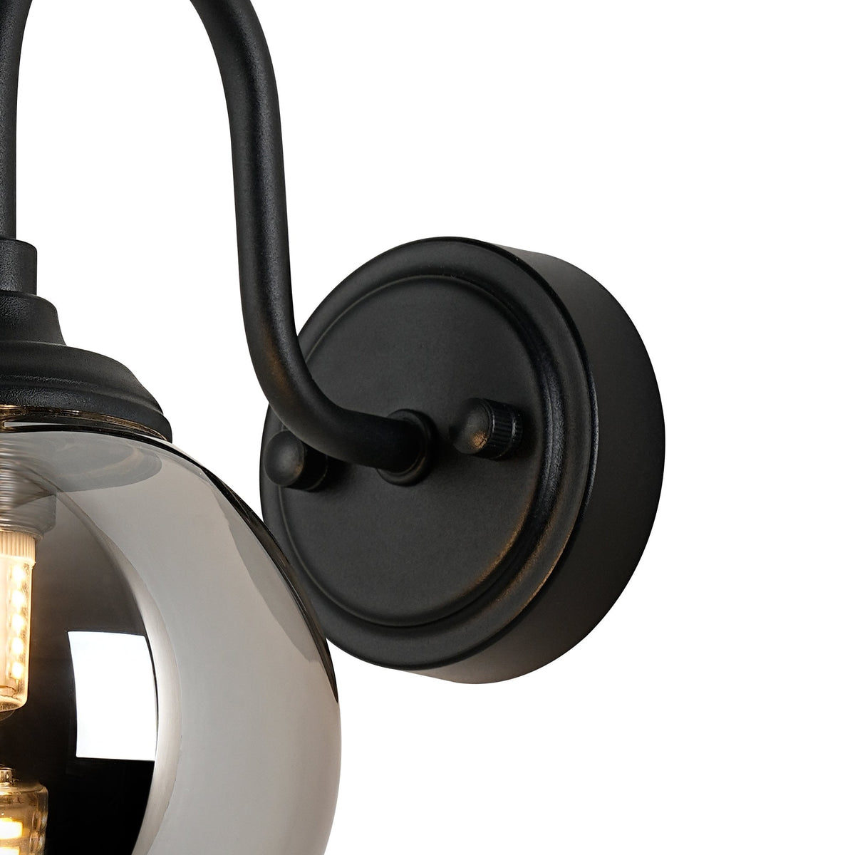 Loughton IP44 Curved Arm Wall Light in Satin Black with Smooth Round Glass Smoked Diffuser