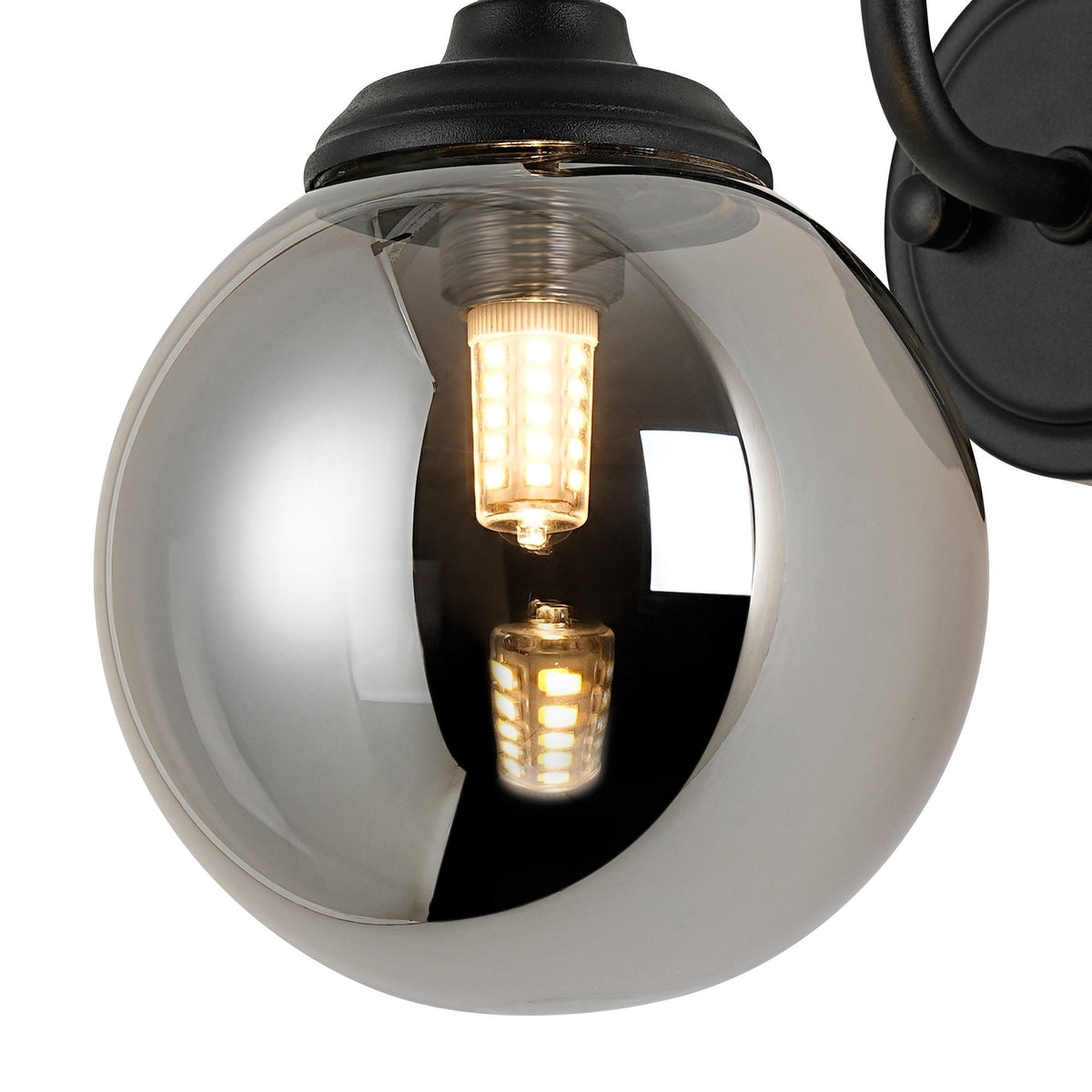 Loughton IP44 Curved Arm Wall Light in Satin Black with Smooth Round Glass Smoked Diffuser