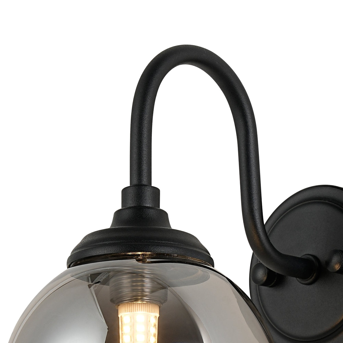 Loughton IP44 Curved Arm Wall Light in Satin Black with Smooth Round Glass Smoked Diffuser