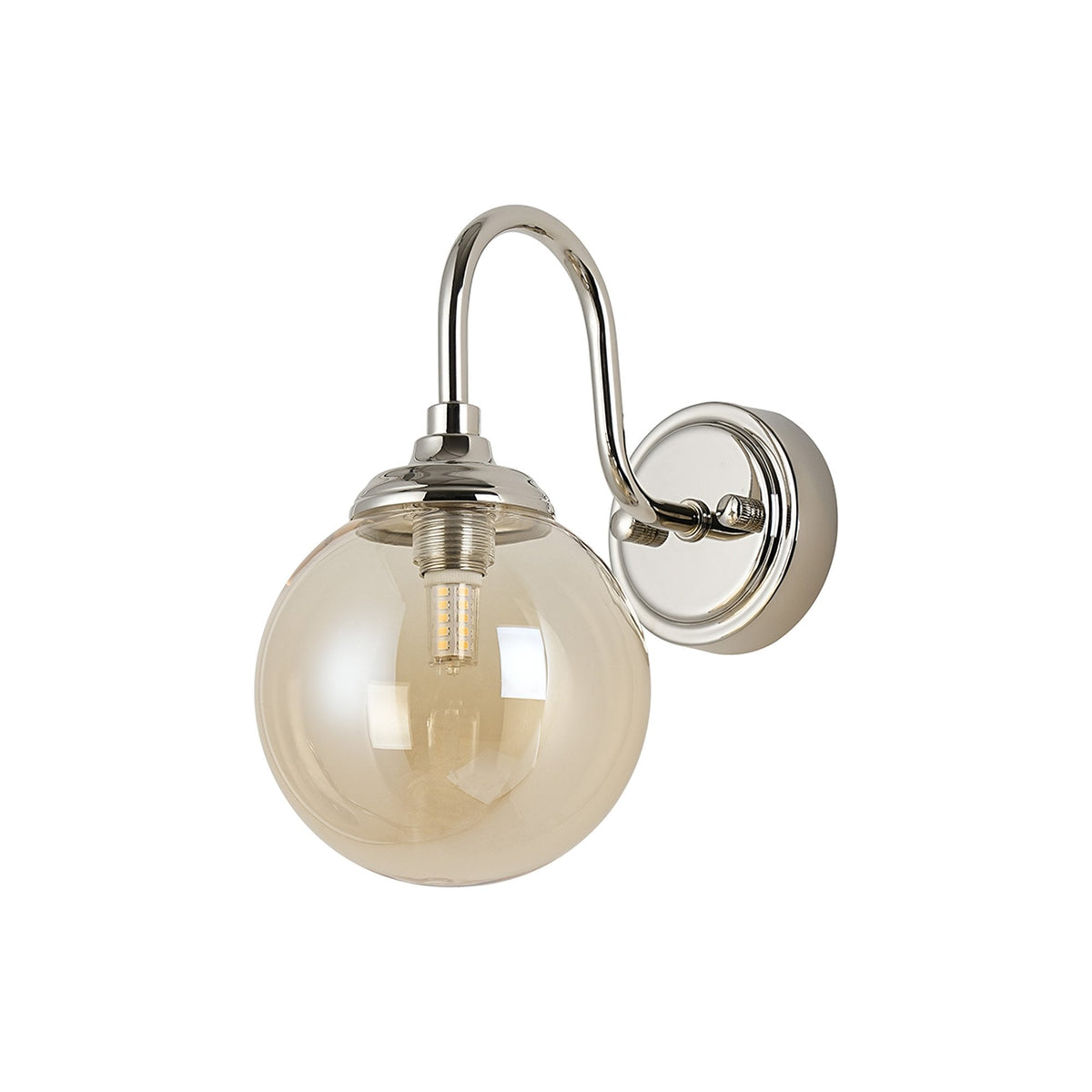 Loughton IP44 Curved Arm Wall Light in Polished Nickel with Smooth Round Glass Amber Diffuser