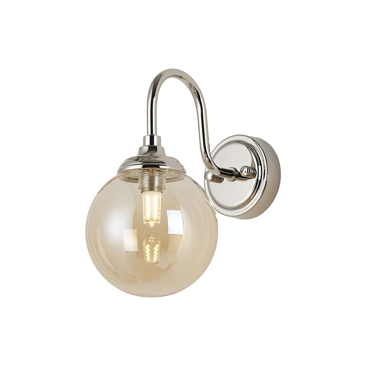 Loughton IP44 Curved Arm Wall Light in Polished Nickel with Smooth Round Glass Amber Diffuser