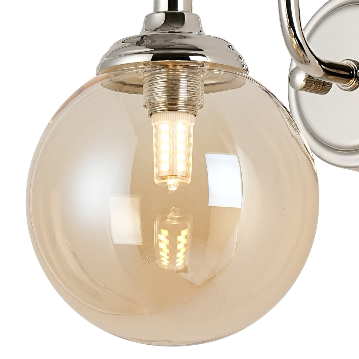 Loughton IP44 Curved Arm Wall Light in Polished Nickel with Smooth Round Glass Amber Diffuser