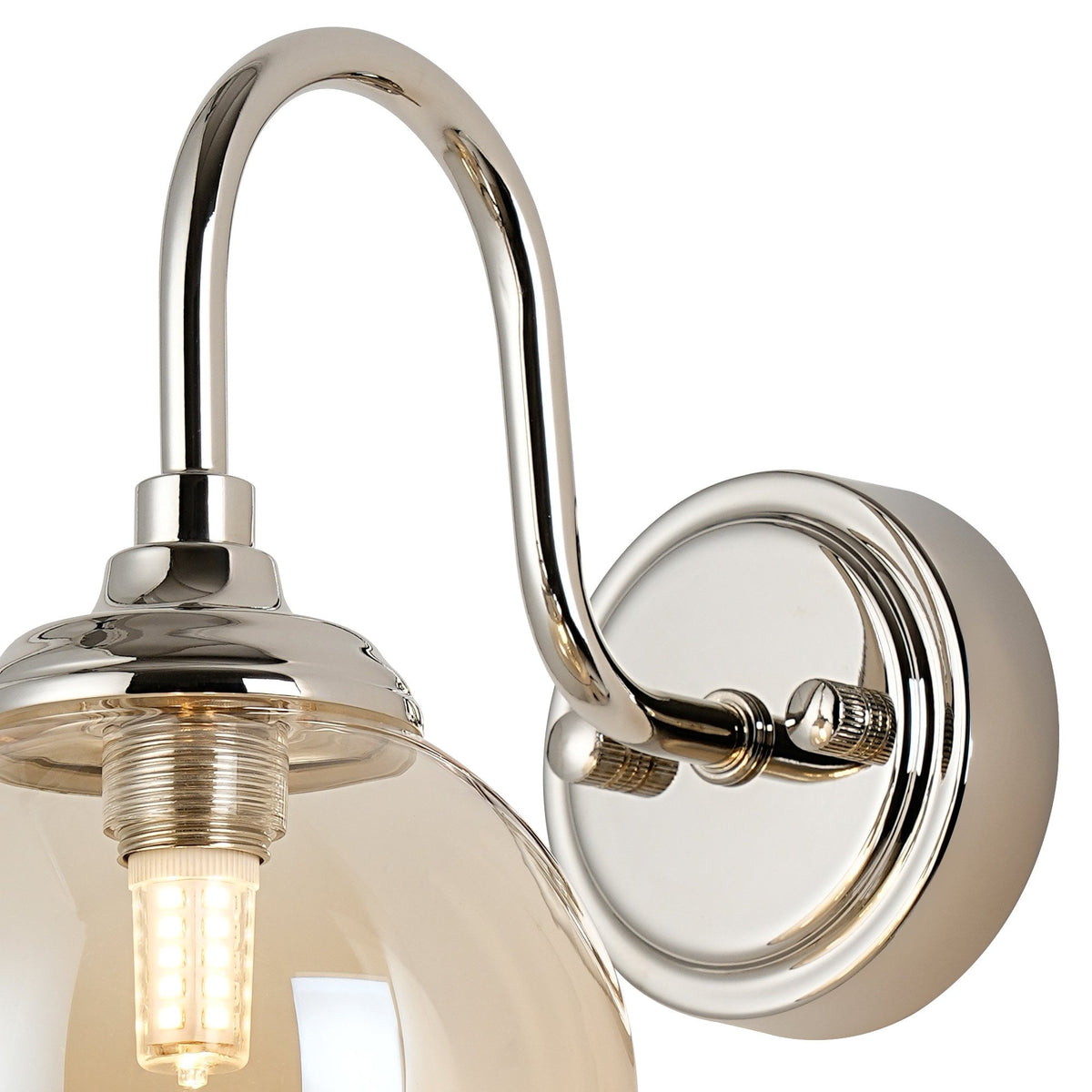 Loughton IP44 Curved Arm Wall Light in Polished Nickel with Smooth Round Glass Amber Diffuser