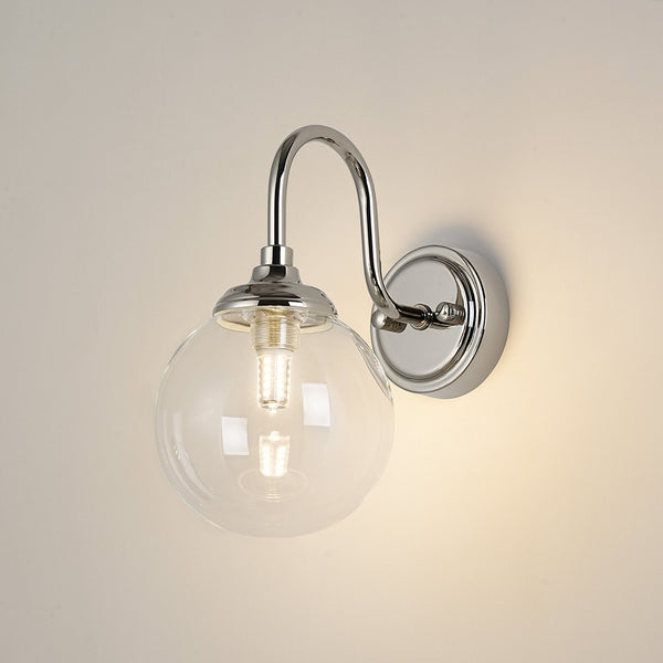Loughton IP44 Curved Arm Wall Light in Polished Nickel with Smooth Round Glass Clear Diffuser