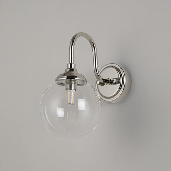 Loughton IP44 Curved Arm Wall Light in Polished Nickel with Smooth Round Glass Clear Diffuser