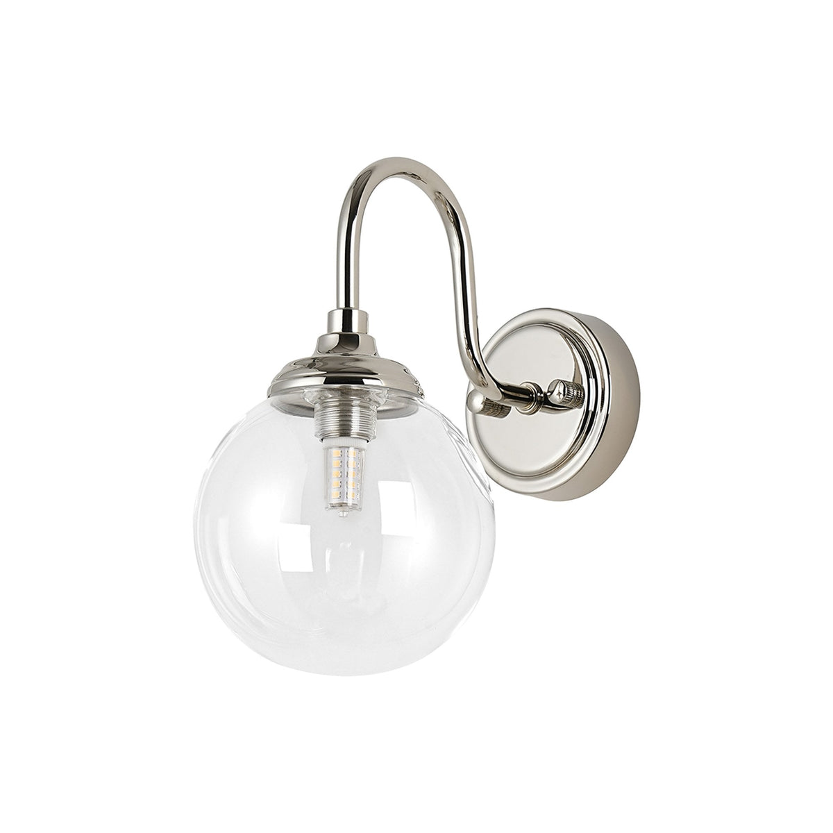 Loughton IP44 Curved Arm Wall Light in Polished Nickel with Smooth Round Glass Clear Diffuser