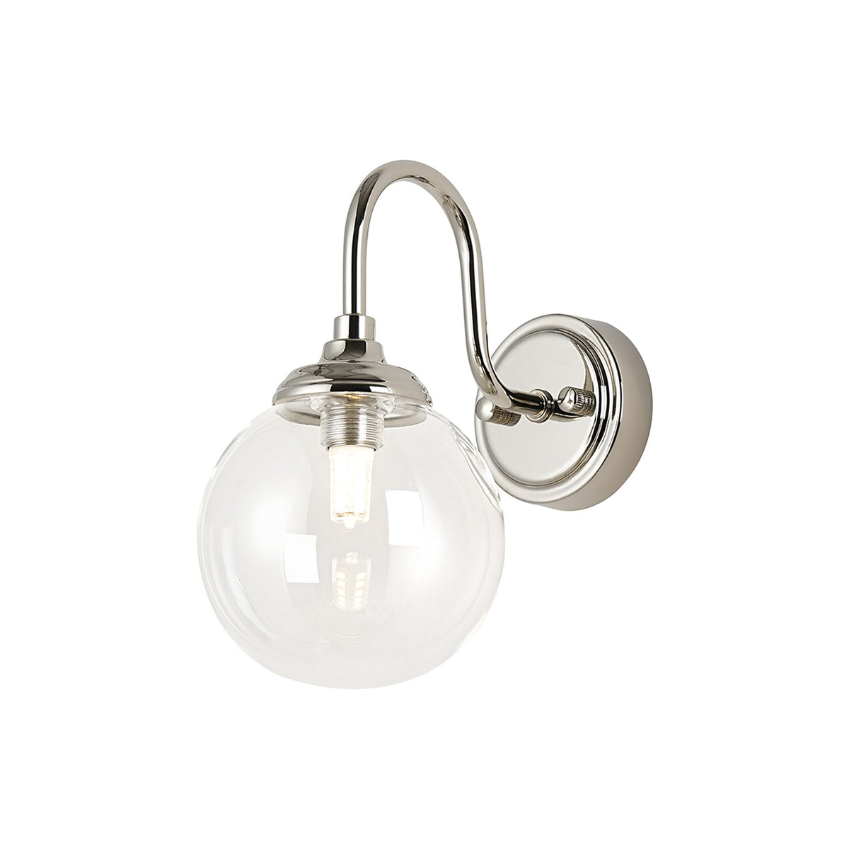 Loughton IP44 Curved Arm Wall Light in Polished Nickel with Smooth Round Glass Clear Diffuser