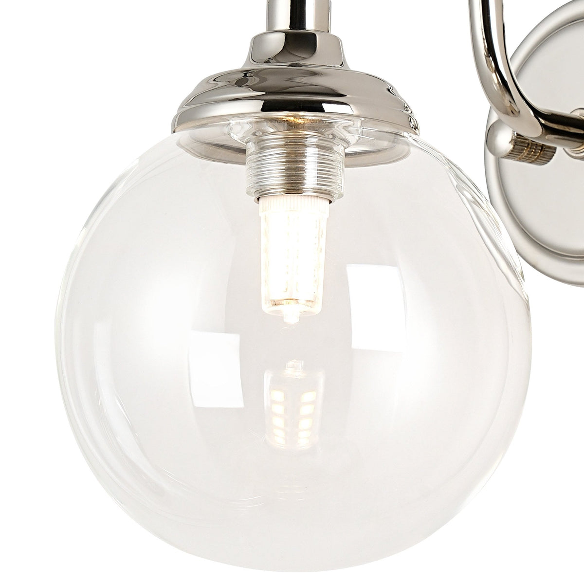 Loughton IP44 Curved Arm Wall Light in Polished Nickel with Smooth Round Glass Clear Diffuser