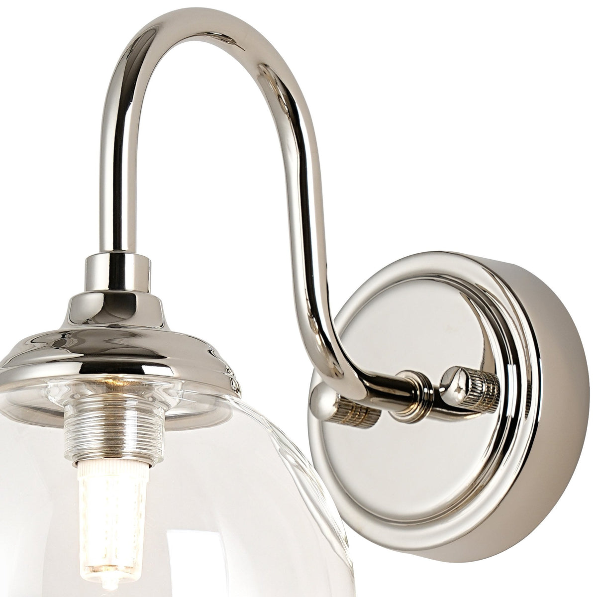 Loughton IP44 Curved Arm Wall Light in Polished Nickel with Smooth Round Glass Clear Diffuser