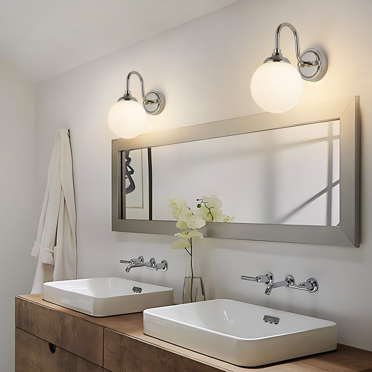 Loughton IP44 Curved Arm Wall Light in Polished Nickel with Smooth Round Glass Opal Diffuser