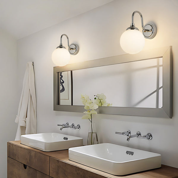 Loughton IP44 Curved Arm Wall Light in Polished Nickel with Smooth Round Glass Opal Diffuser