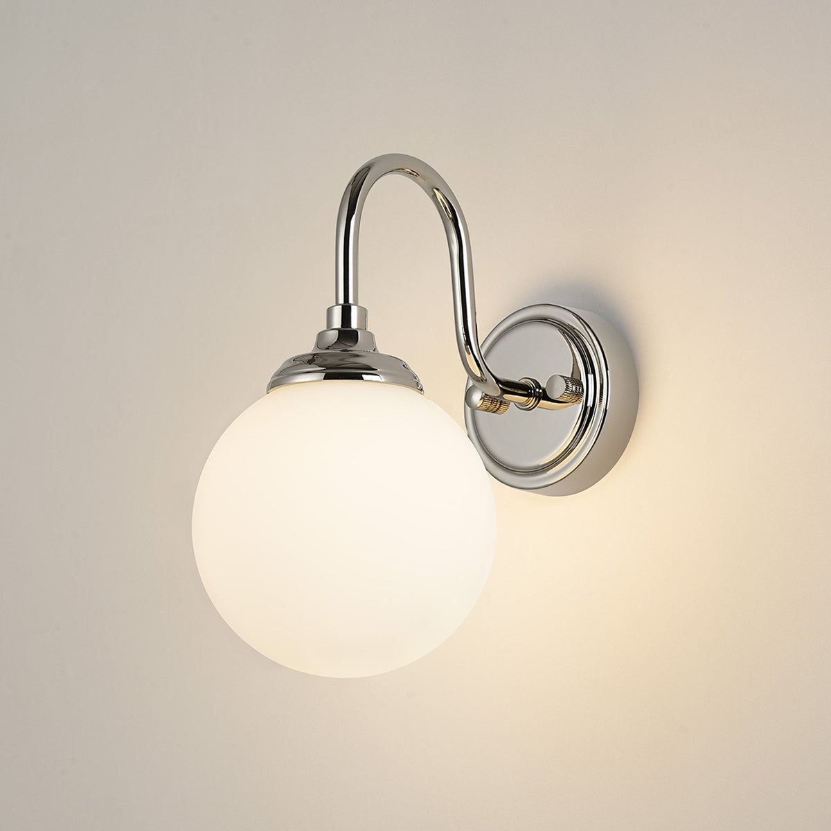 Loughton IP44 Curved Arm Wall Light in Polished Nickel with Smooth Round Glass Opal Diffuser