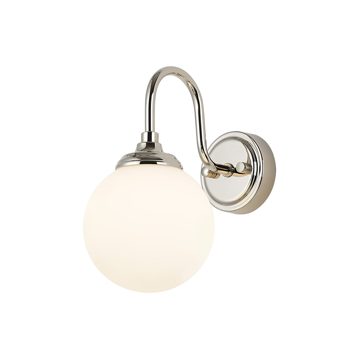Loughton IP44 Curved Arm Wall Light in Polished Nickel with Smooth Round Glass Opal Diffuser