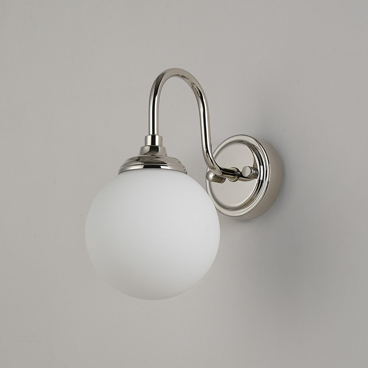 Loughton IP44 Curved Arm Wall Light in Polished Nickel with Smooth Round Glass Opal Diffuser