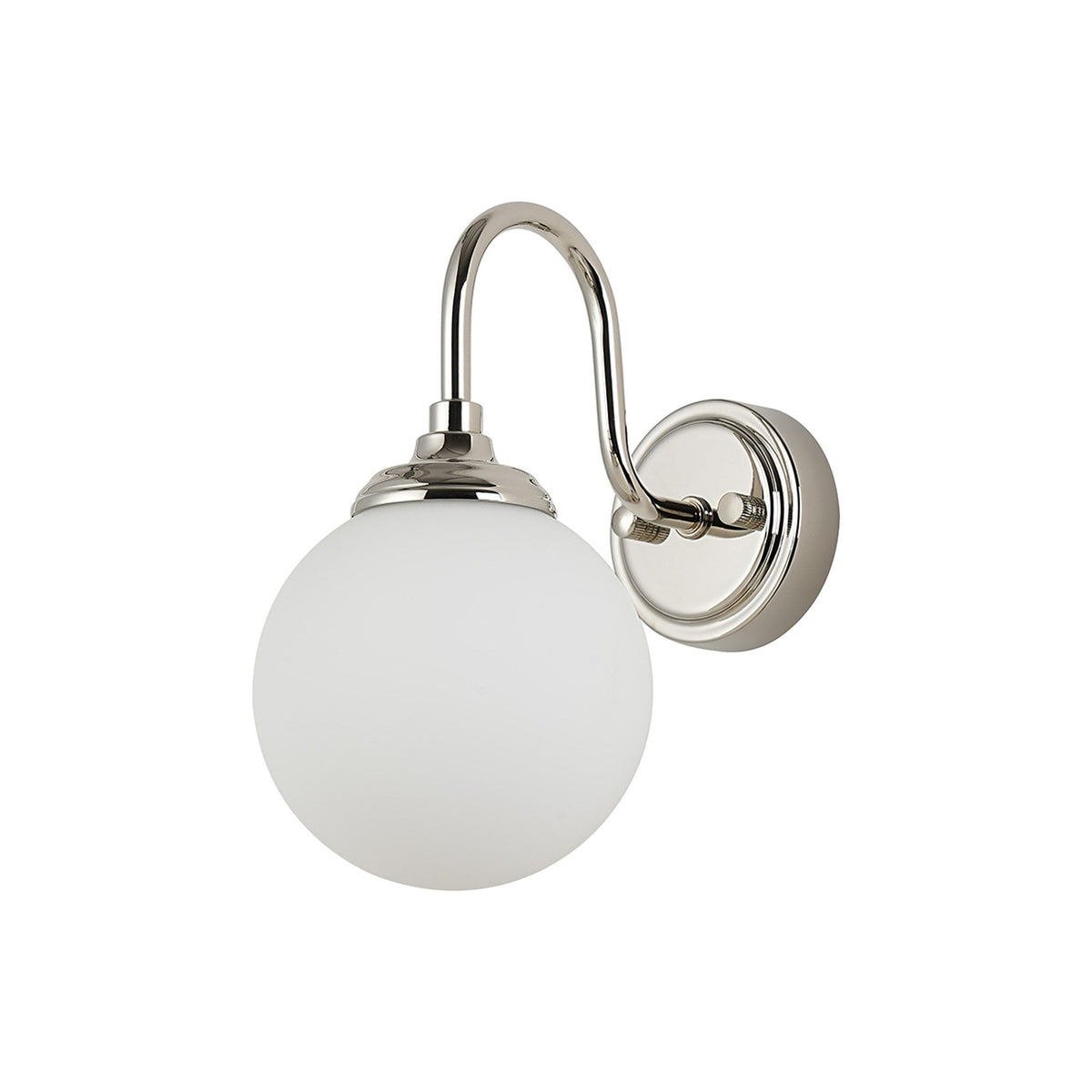 Loughton IP44 Curved Arm Wall Light in Polished Nickel with Smooth Round Glass Opal Diffuser