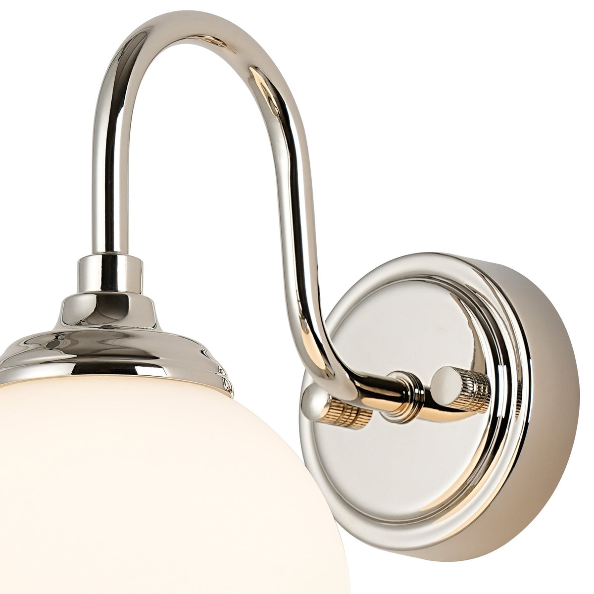 Loughton IP44 Curved Arm Wall Light in Polished Nickel with Smooth Round Glass Opal Diffuser