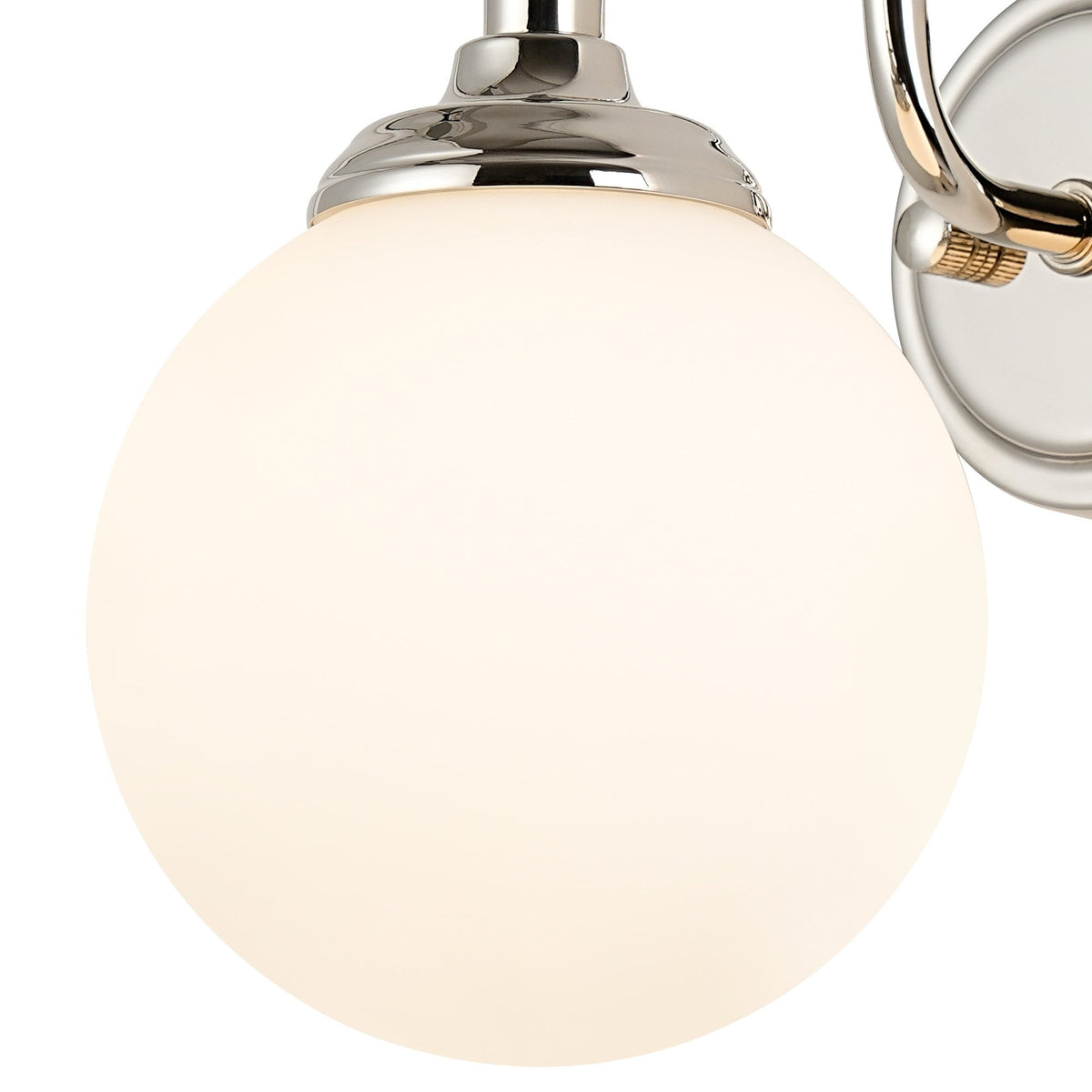 Loughton IP44 Curved Arm Wall Light in Polished Nickel with Smooth Round Glass Opal Diffuser