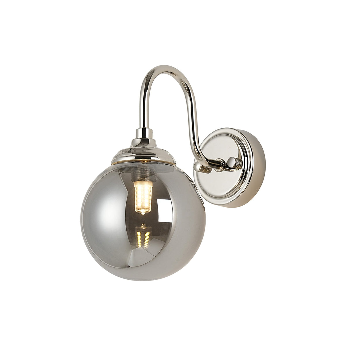 Loughton IP44 Curved Arm Wall Light in Polished Nickel with Smooth Round Glass Smoked Diffuser