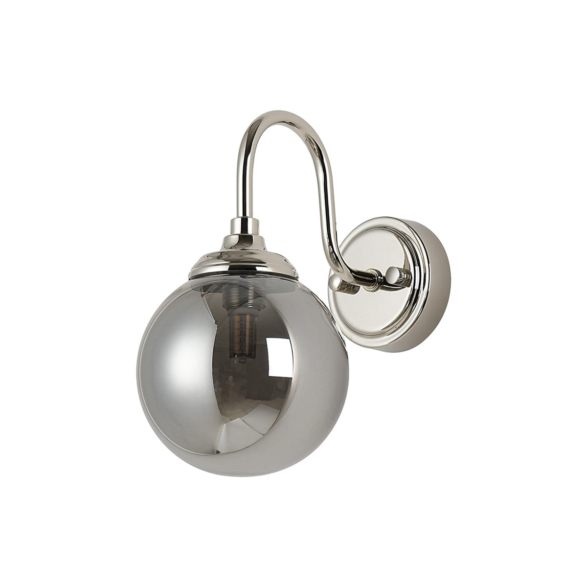 Loughton IP44 Curved Arm Wall Light in Polished Nickel with Smooth Round Glass Smoked Diffuser