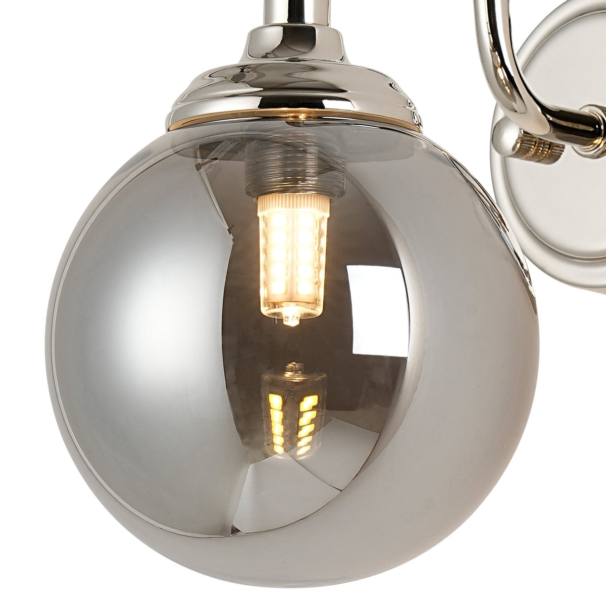 Loughton IP44 Curved Arm Wall Light in Polished Nickel with Smooth Round Glass Smoked Diffuser