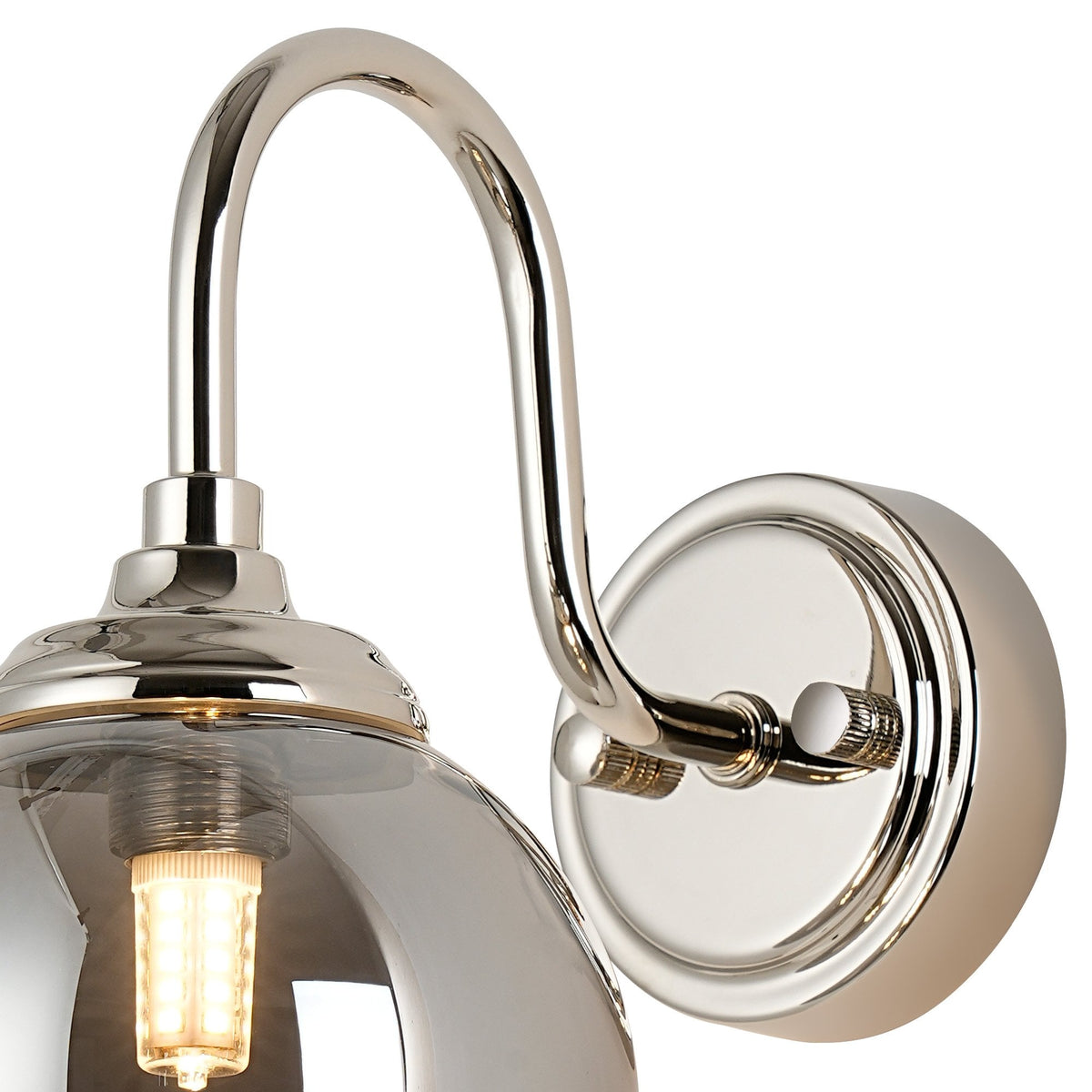 Loughton IP44 Curved Arm Wall Light in Polished Nickel with Smooth Round Glass Smoked Diffuser