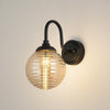 Loughton IP44 Curved Arm Wall Light in Satin Black with Ribbed Round Glass Amber Diffuser