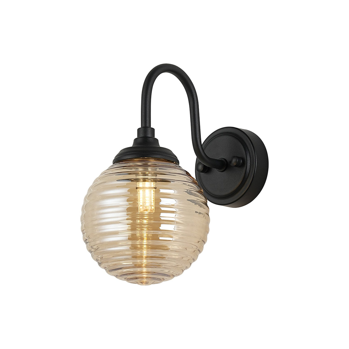 Loughton IP44 Curved Arm Wall Light in Satin Black with Ribbed Round Glass Amber Diffuser