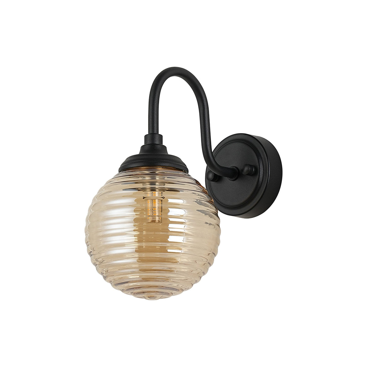 Loughton IP44 Curved Arm Wall Light in Satin Black with Ribbed Round Glass Amber Diffuser
