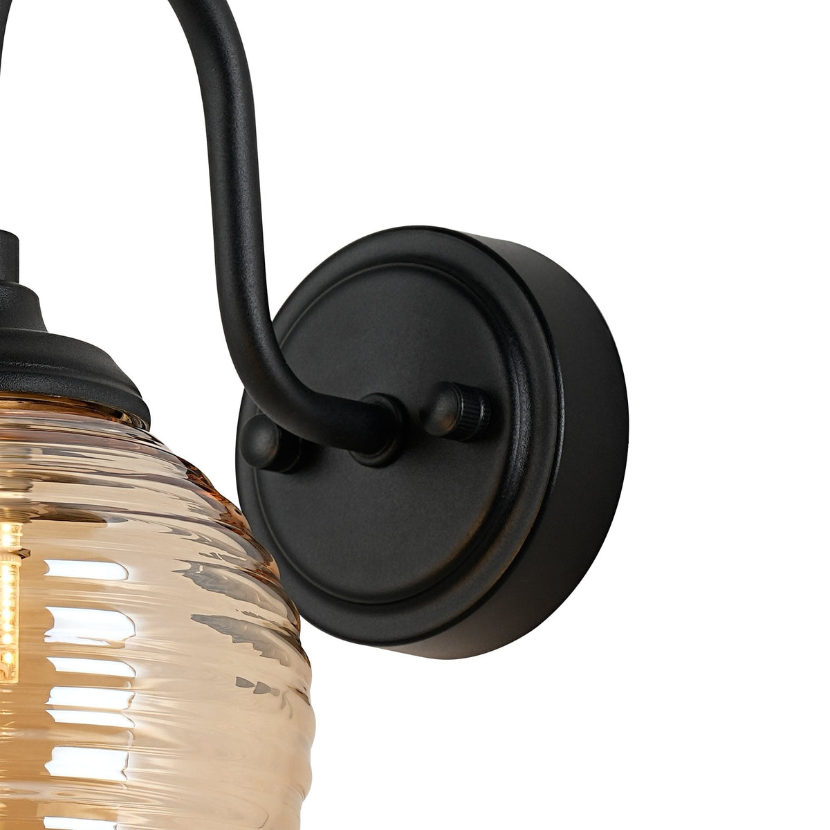 Loughton IP44 Curved Arm Wall Light in Satin Black with Ribbed Round Glass Amber Diffuser
