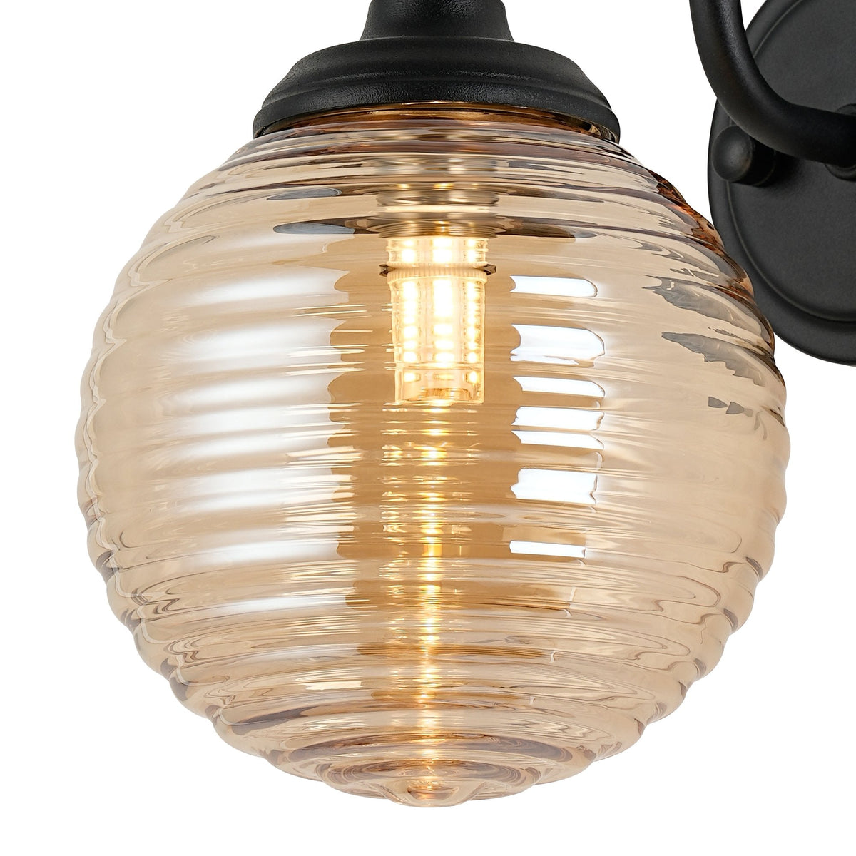 Loughton IP44 Curved Arm Wall Light in Satin Black with Ribbed Round Glass Amber Diffuser