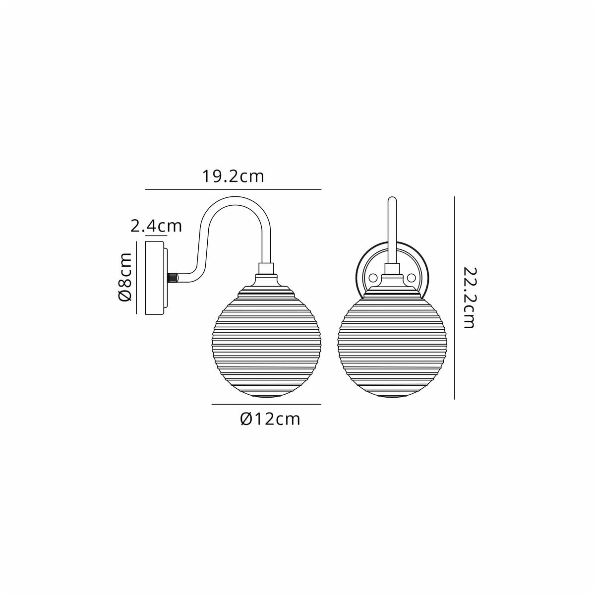 Loughton IP44 Curved Arm Wall Light in Satin Black with Ribbed Round Glass Clear Diffuser
