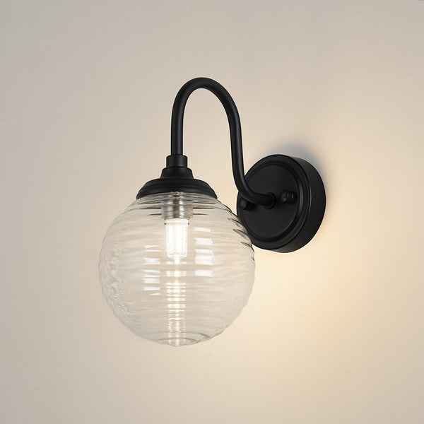 Loughton IP44 Curved Arm Wall Light in Satin Black with Ribbed Round Glass Clear Diffuser
