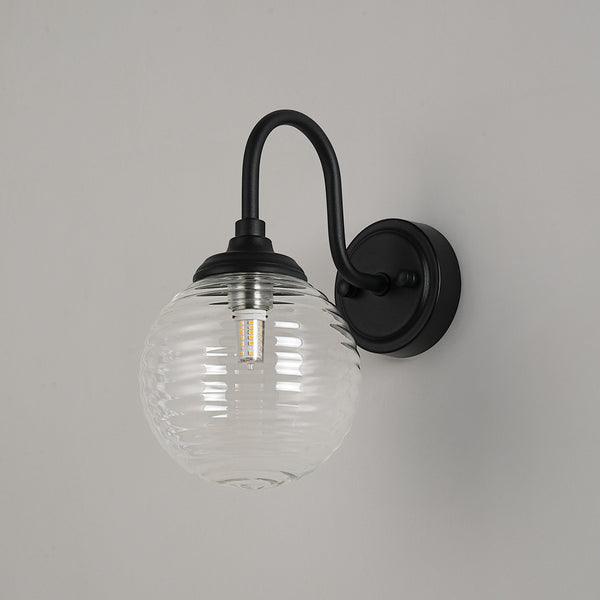 Loughton IP44 Curved Arm Wall Light in Satin Black with Ribbed Round Glass Clear Diffuser