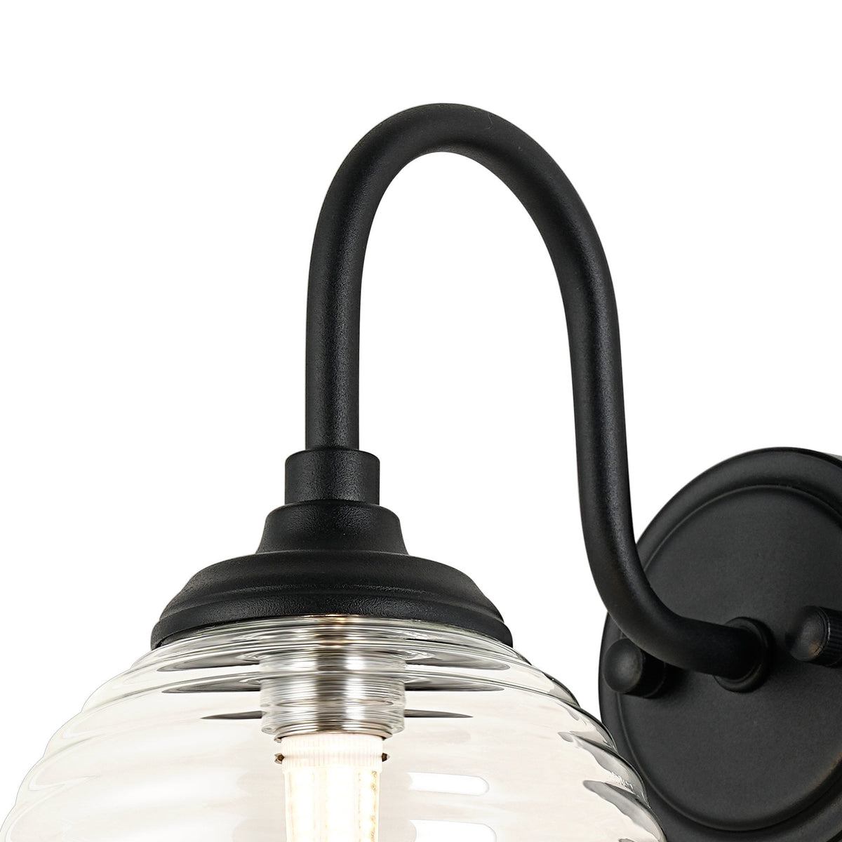 Loughton IP44 Curved Arm Wall Light in Satin Black with Ribbed Round Glass Clear Diffuser