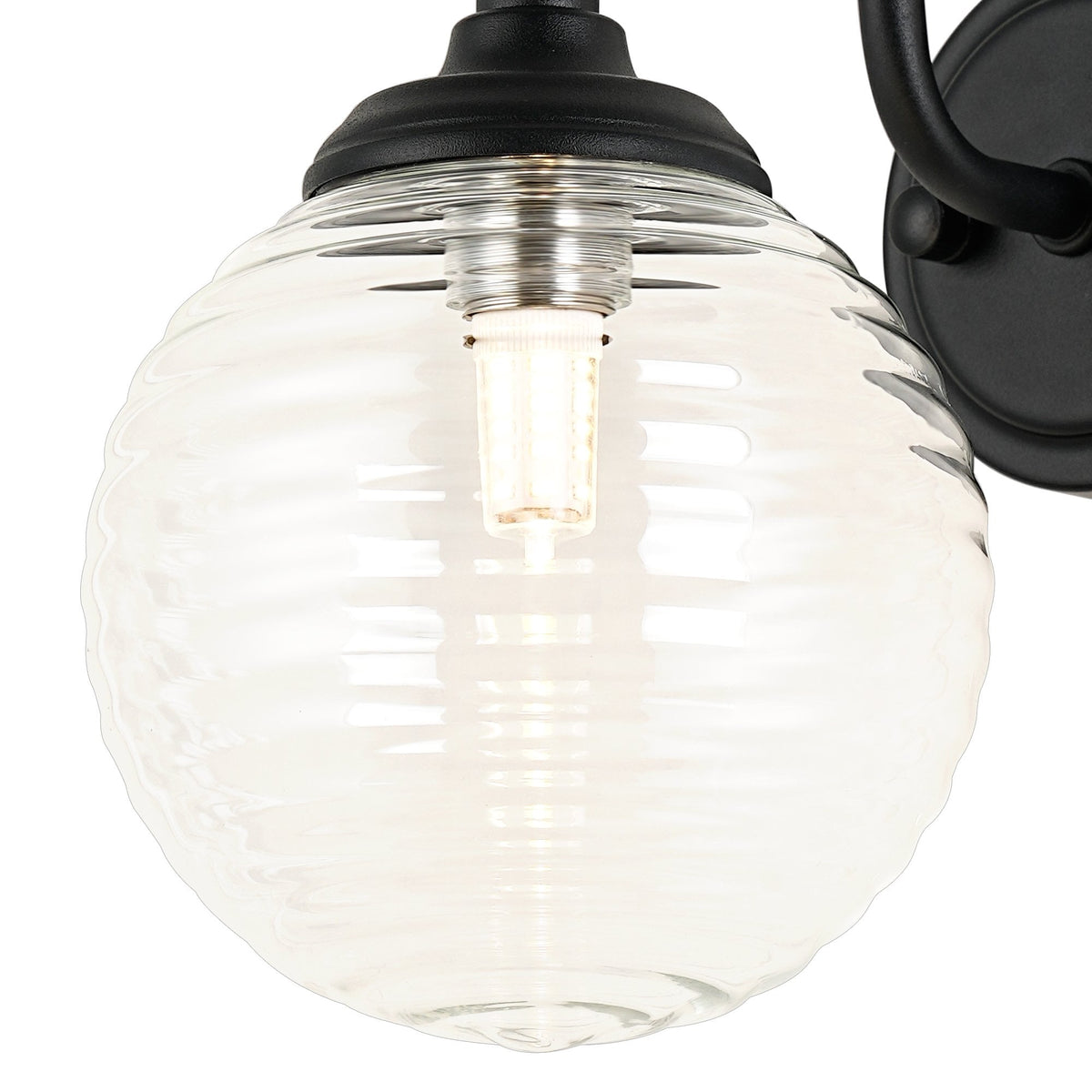 Loughton IP44 Curved Arm Wall Light in Satin Black with Ribbed Round Glass Clear Diffuser