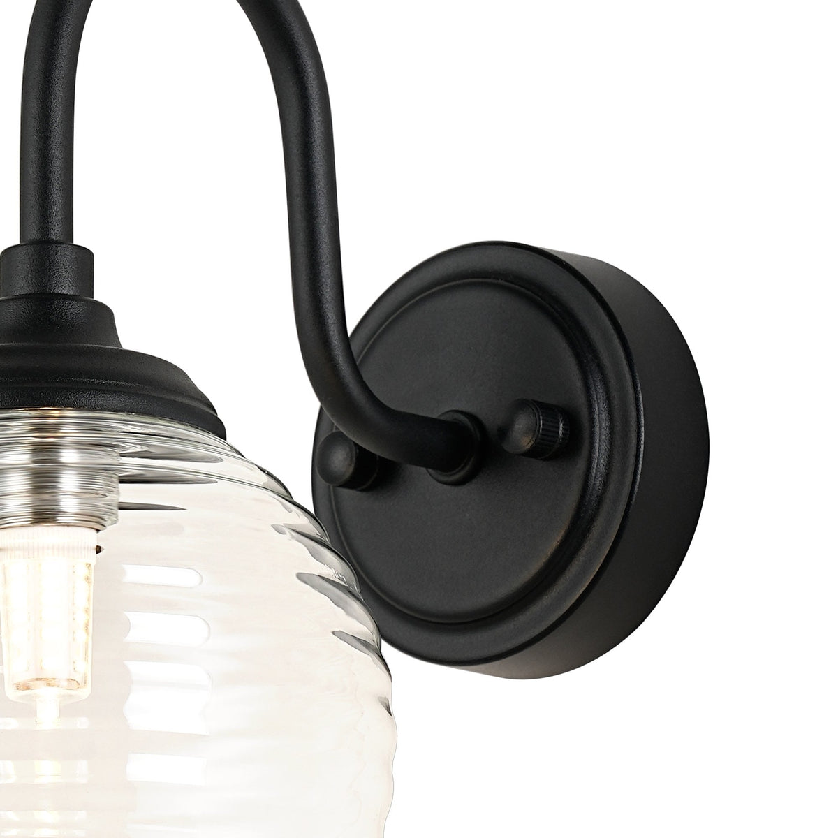 Loughton IP44 Curved Arm Wall Light in Satin Black with Ribbed Round Glass Clear Diffuser