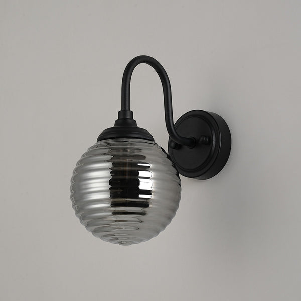 Loughton IP44 Curved Arm Wall Light in Satin Black with Ribbed Round Glass Smoked Diffuser