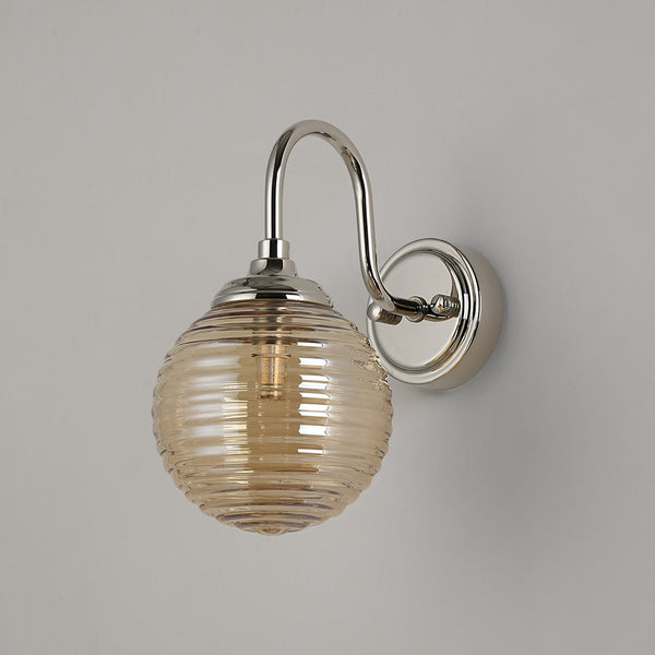 Loughton IP44 Curved Arm Wall Light in Polished Nickel with Ribbed Round Glass Amber Diffuser