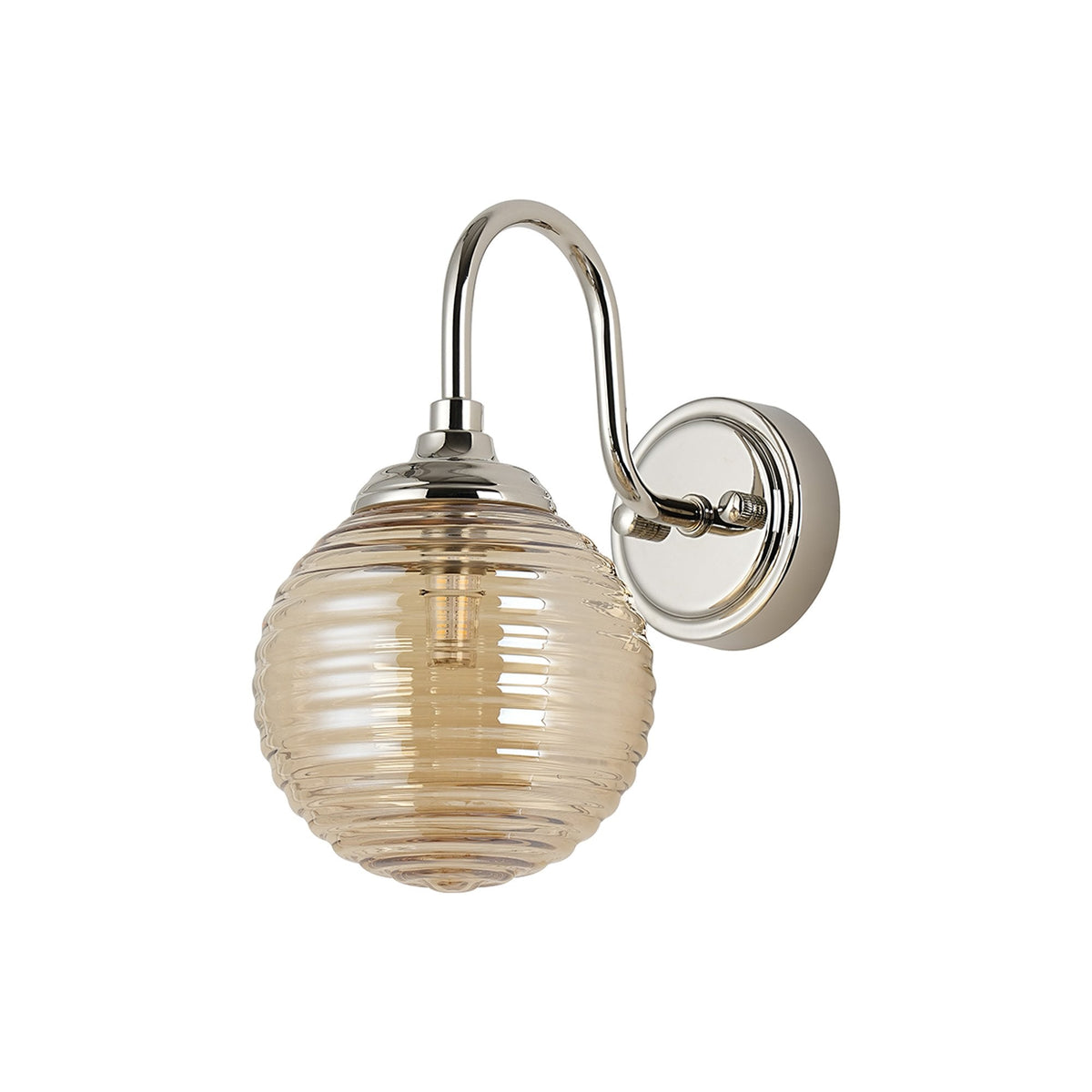 Loughton IP44 Curved Arm Wall Light in Polished Nickel with Ribbed Round Glass Amber Diffuser
